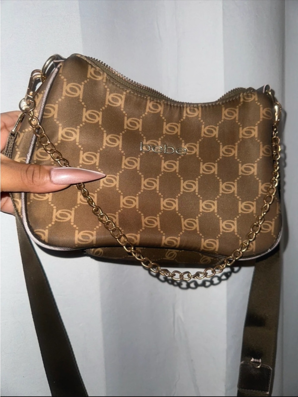 bebe Brown Monogram Shoulder Bag with Gold Chain